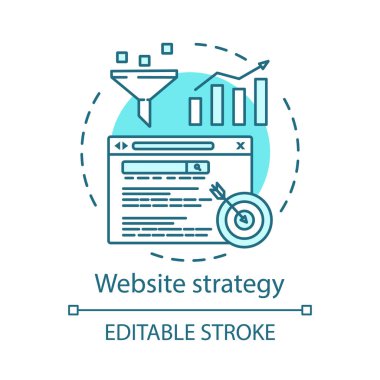 Web sitesi strateji kavramı simgesi. Seo pazarlama fikri ince çizgi illüstrasyon. İçerik yönetimi. Arama optimizasyonu. Hedefleme, sıralama. Satış hunisi. Vektör yalıtılmış anahat çizimi. Kullanılabilir kontur