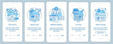 Web danışmanlık mobil uygulama sayfası ekran vektör şablonu onboarding. Seo araştırması. Web sitesi yeniden tasarlama, denetim. Doğrusal çizimler ile Walkthrough web sitesi adımları. Ux, Ui, Gui akıllı telefon arayüz konsepti