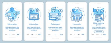 Web danışmanlık mobil uygulama sayfası ekran vektör şablonu onboarding. Web sitesi geliştirme. Dijital pazarlama. Doğrusal çizimler ile Walkthrough web sitesi adımları. Ux, Ui, Gui akıllı telefon arayüz konsepti