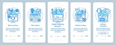 Web danışmanlık mobil uygulama sayfası ekran vektör şablonu onboarding. Dijital pazarlama, web sitesi stratejisi. Doğrusal çizimler ile Walkthrough web sitesi adımları. Ux, Ui, Gui akıllı telefon arayüz konsepti