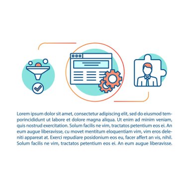 Web danışmanlık makale sayfası vektör şablonu. Dijital pazarlama. Seo. Doğrusal simgeler ve metin kutuları ile broşür, dergi, kitapçık tasarım elemanı. Baskı tasarımı. Metin alanı ile kavram çizimleri