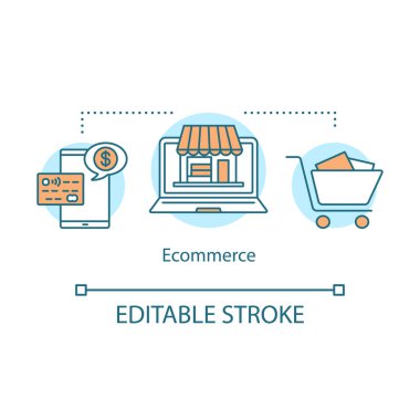 E-ticaret konsept simgesi. Online alışveriş fikri ince çizgi illüstrasyon. Elektronik ticaret. İnternet perakende. Dijital satın alma. Mobil bankacılık, ödeme. Vektör yalıtılmış anahat çizimi. Kullanılabilir kontur