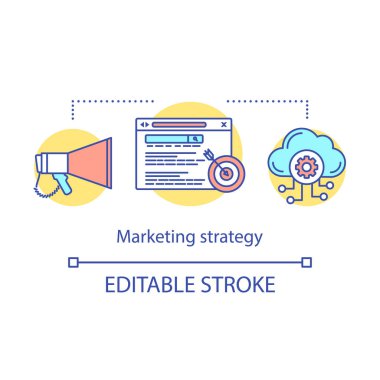 Pazarlama stratejisi kavram simgesi. Arama optimizasyonu fikri ince çizgi illüstrasyon. Hedefli pazarlama. Çevrimiçi reklamlar. Web sitesi sıralaması. Bulut bilgi işlem. Vektör yalıtılmış anahat çizimi. Kullanılabilir kontur