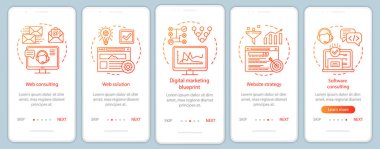 Web danışmanlık mobil uygulama sayfası ekran vektör şablonu onboarding. Dijital pazarlama, web sitesi stratejisi. Doğrusal çizimler ile Walkthrough web sitesi adımları. Ux, Ui, Gui akıllı telefon arayüz konsepti