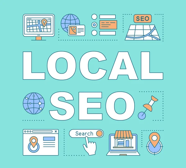 Lokalne Pojęcia Słowo Seo Banner Marketing Oparty Lokalizacji Wyszukiwanie Globalne — Wektor stockowy