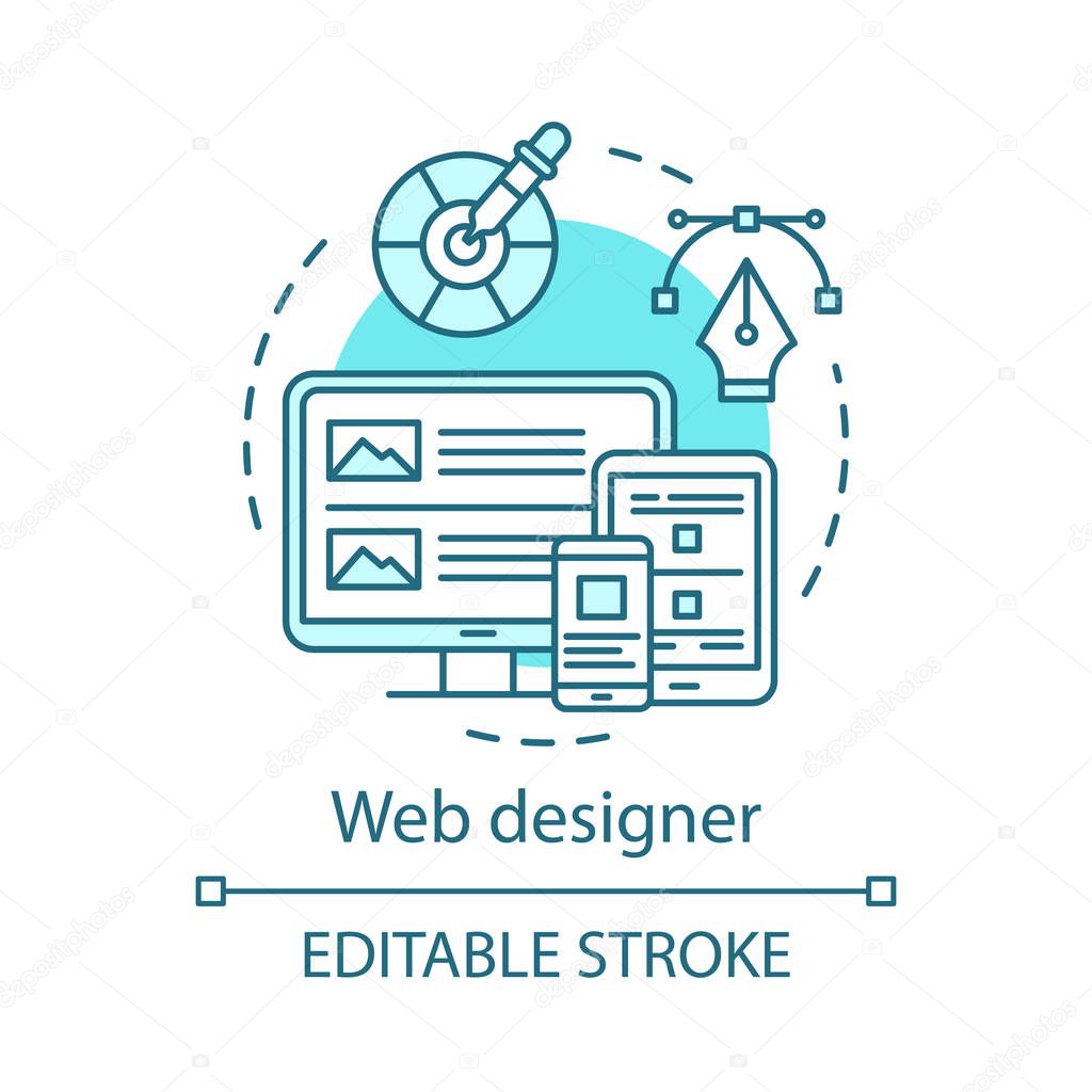 Web designer concept icon. Web engineering idea thin line illustration. Software architect. Responsive website, application design. UI, UX evelopment. Vector isolated outline drawing. Editable stroke