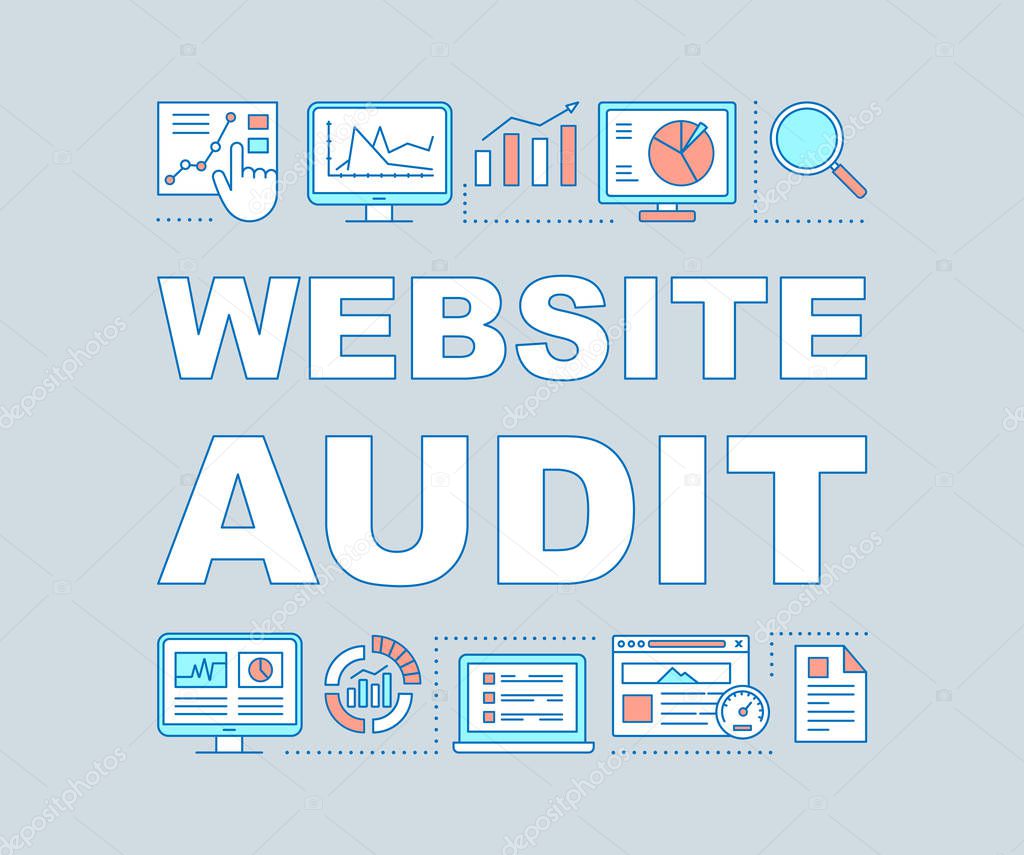 Website audit word concepts banner. Digital marketing. Web analytics, statistics. SEO research. Presentation, website. Isolated lettering typography idea with linear icons. Vector outline illustration