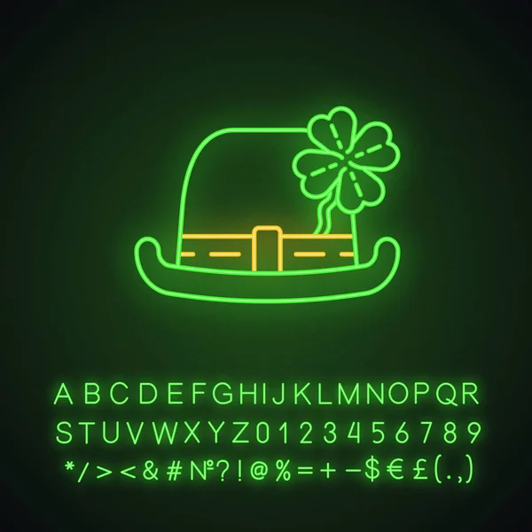 Bowler hat with four-leaf clover neon light icon