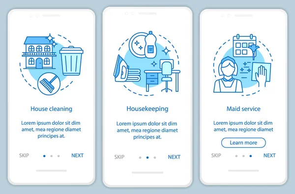 하우스 서비스 온 보 딩 모바일 앱 페이지 화면, 선형 개념 — 스톡 벡터