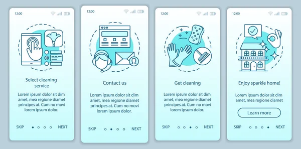 Pemesanan layanan pembersih onboarding layar halaman aplikasi seluler, konsep linear - Stok Vektor