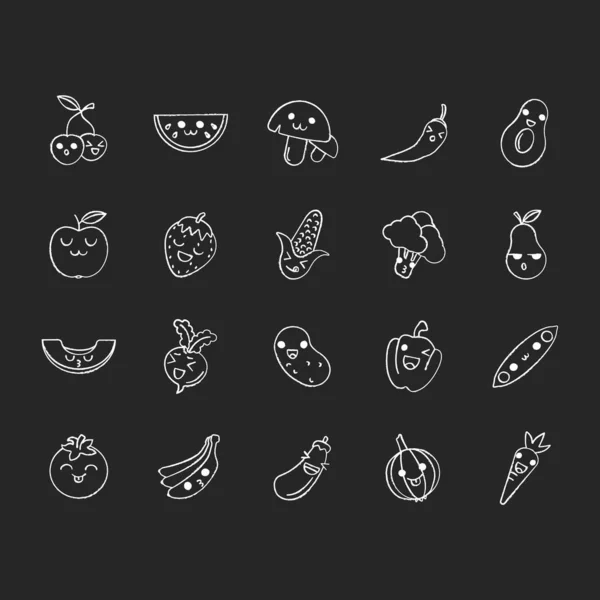 Овощи и фрукты Симпатичные персонажи кавайи мелом — стоковый вектор