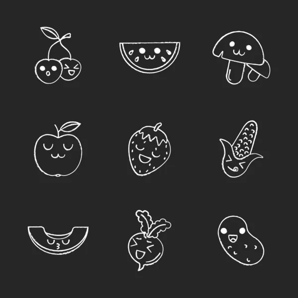 Legume și fructe set drăguț de caractere de cretă kawaii — Vector de stoc