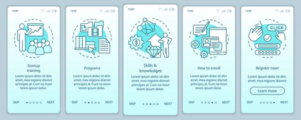 Start-up-Bildung onboarding mobile App-Seite Bildschirm mit linearen Konzepten — Stockvektor