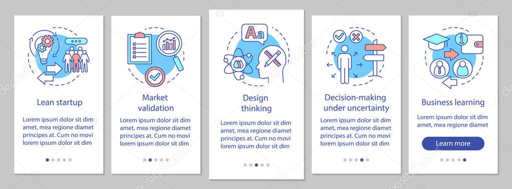 Startup principles onboarding mobile app page screen with linear concepts Royalty Free Stock Illustrations