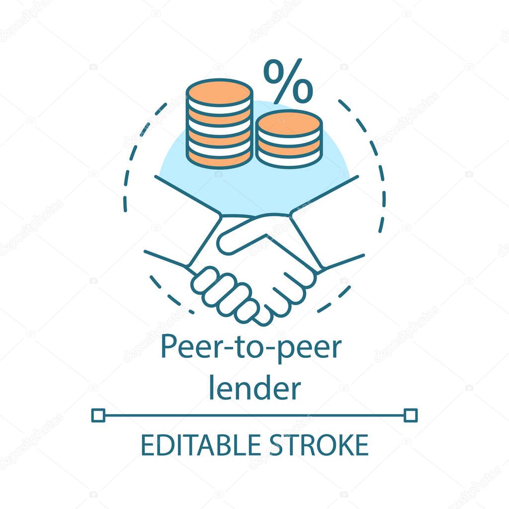 Peer-to-peer lender concept icon. P2P lending. Investment in loan. Deposit agreement. Credit idea thin line illustration. Vector isolated outline drawing. Editable stroke