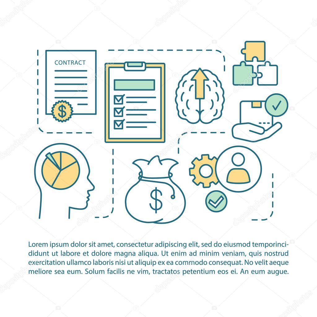 Entrepreneurship article page vector template. Contract job. Brochure, magazine, booklet design element with linear icons and text boxes. Print design. Concept illustrations with text space