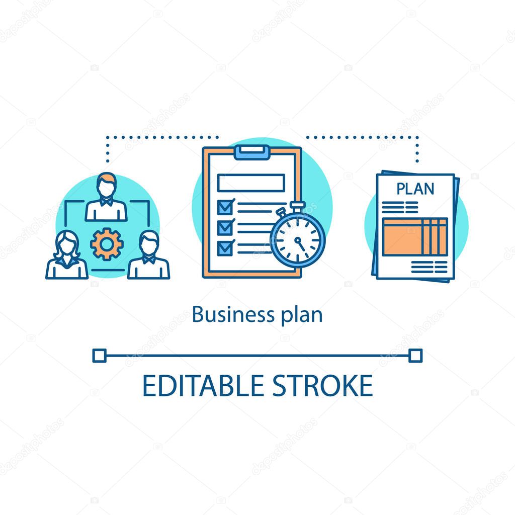 Business plan concept icon. Budgeting. Funding and financing. Company development program. Strategic management idea thin line illustration. Vector isolated outline drawing. Editable stroke