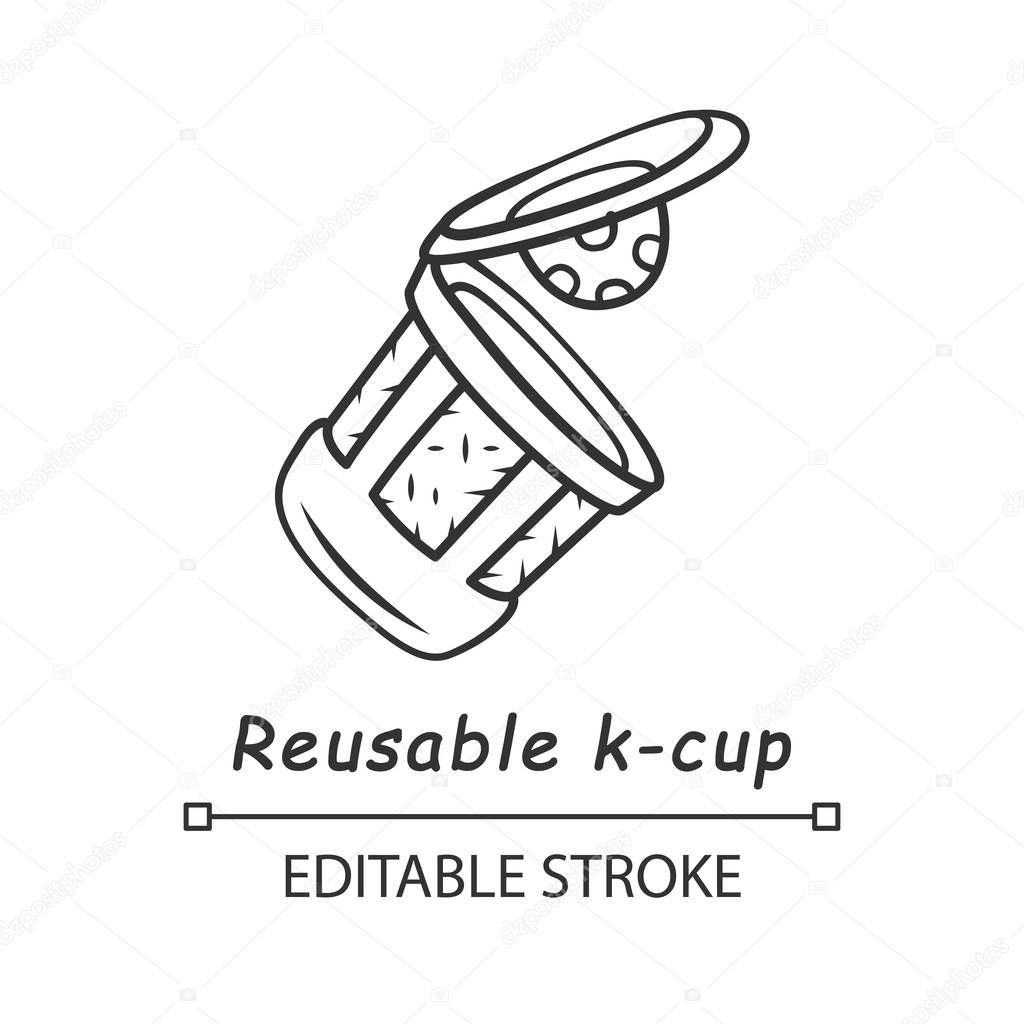 Reusable k-cup linear icon. Eco friendly plastic coffee cup. Single serve brewing pod. Hot beverages pckaging. Thin line illustration. Contour symbol. Vector isolated outline drawing. Editable stroke