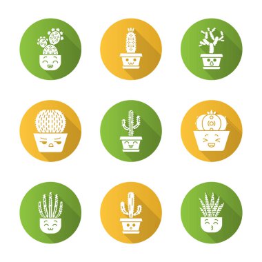 Kaktüsler düz tasarım uzun gölge glyph simgeleri seti