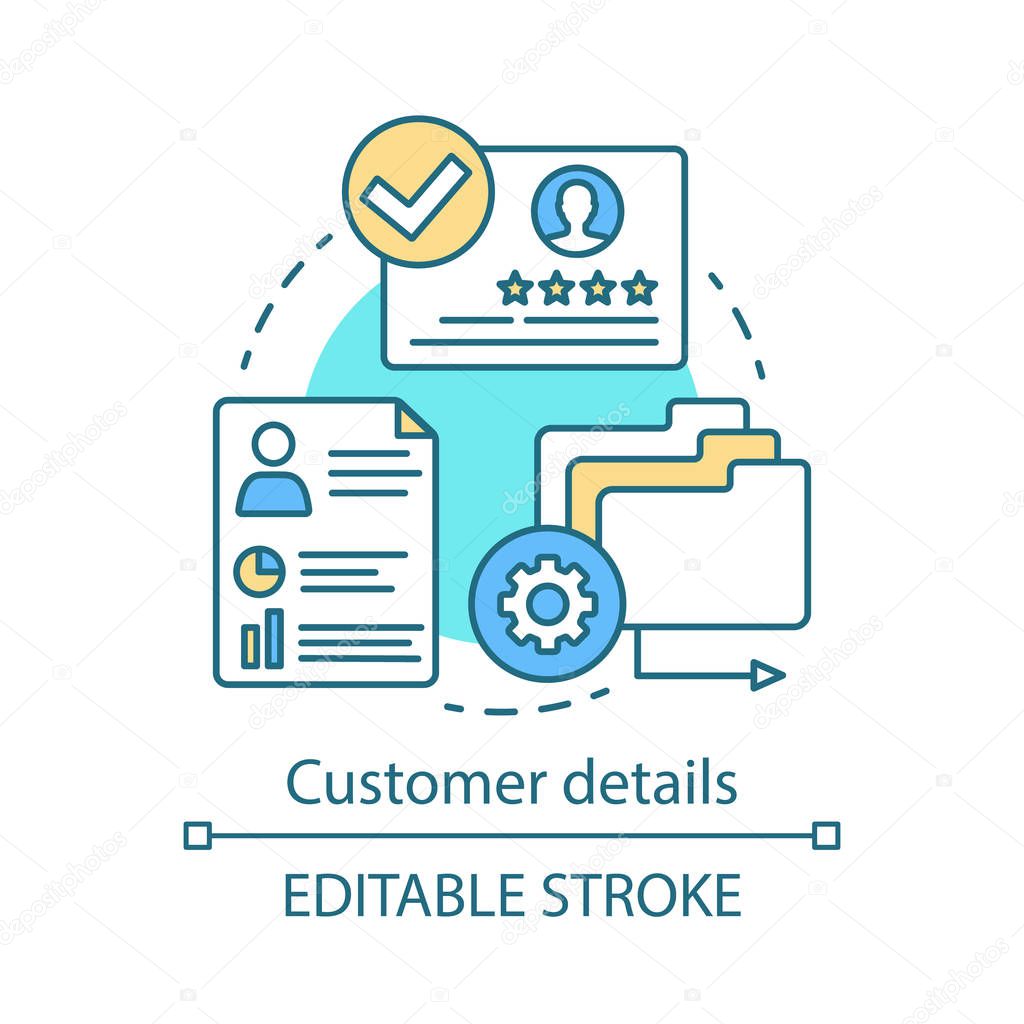 Customer details concept icon. Commercial information idea thin line illustration.  Customer relationship management. CRM software. Client identity. Vector isolated outline drawing. Editable stroke