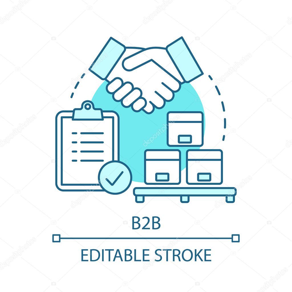 B2B concept icon. Commercial relationship idea thin line illustration. Commerce with sale for business. Business management. CRM system. Vector isolated outline drawing. Editable stroke