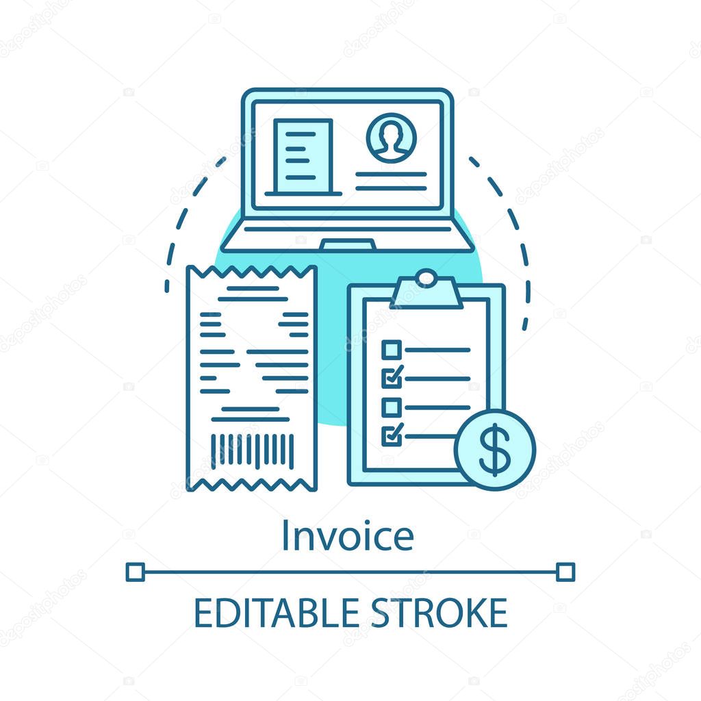 Invoice concept icon. Commercial document idea thin line illustration. Online store. Shopping. E commerce. Deal making. CRM system software. Vector isolated outline drawing. Editable stroke