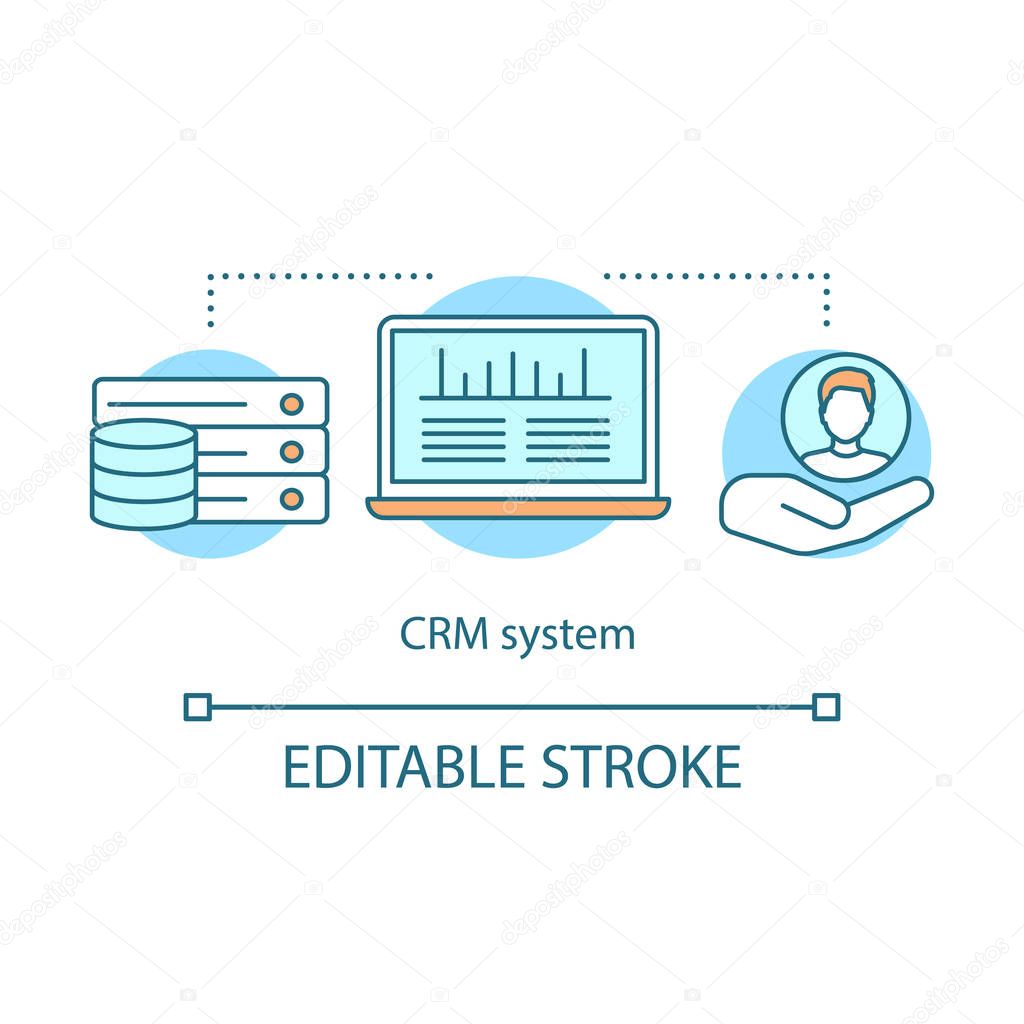CRM system concept icon. Software idea thin line illustration. Customer relationship management. Client identity. Customer database. Vector isolated outline drawing. Editable stroke