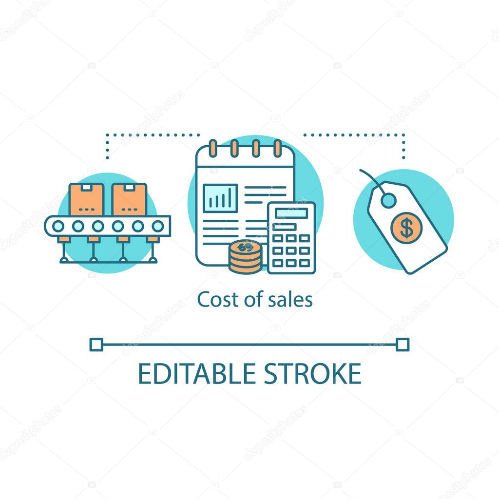 Cost of sales concept icon. Production expenses idea thin line illustration. Cost price of products or services. COGS. Gross margin. Income statement. Vector isolated outline drawing. Editable stroke