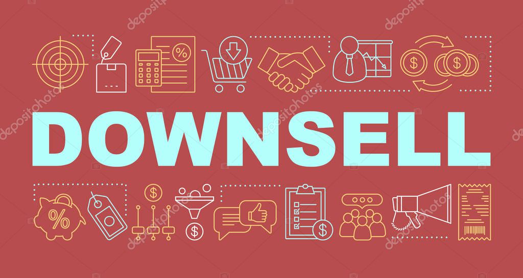 Downsell word concepts banner. Automated sales funnel. Presentation, website. Lower decision threshold. Cheaper alternative. Isolated lettering typography idea with linear icons. Vector illustration