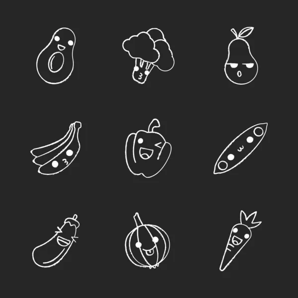 Sayuran dan buah-buahan karakter kapur kawaii yang lucu ditetapkan - Stok Vektor