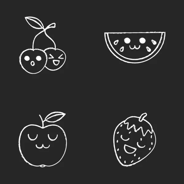 Frutas lindo kawaii tiza personajes conjunto — Vector de stock