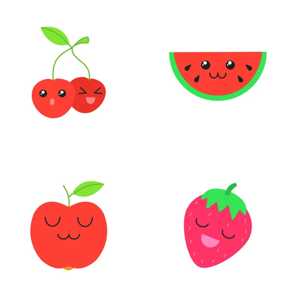 Fruit cute kawaii plat ontwerp lange schaduw tekens instellen — Stockvector