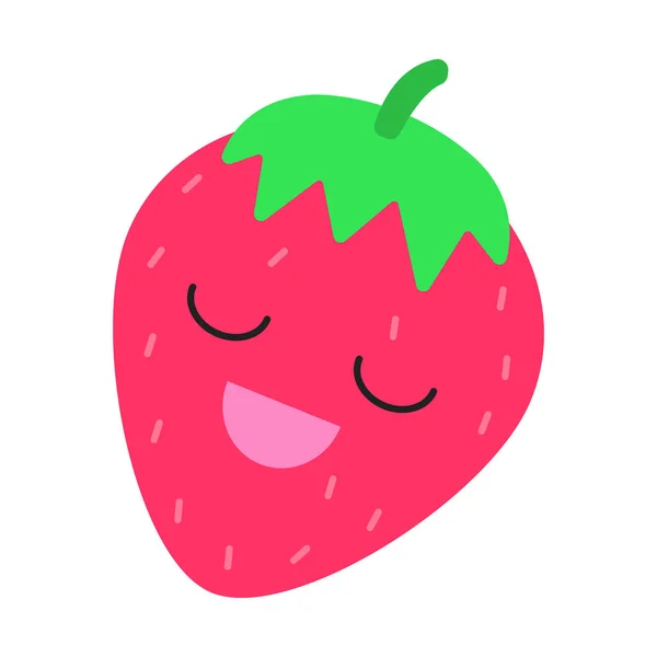 Strawberry cute kawaii desain datar karakter bayangan panjang - Stok Vektor