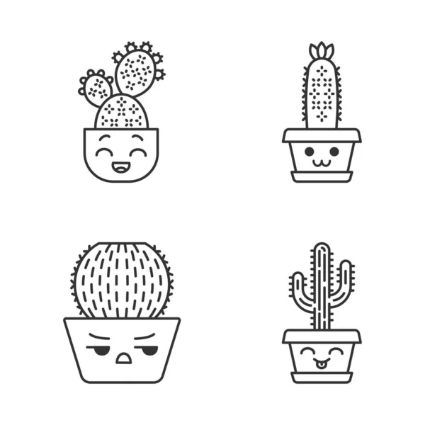 Cactuses schattig kawaii lineaire karakters — Stockvector