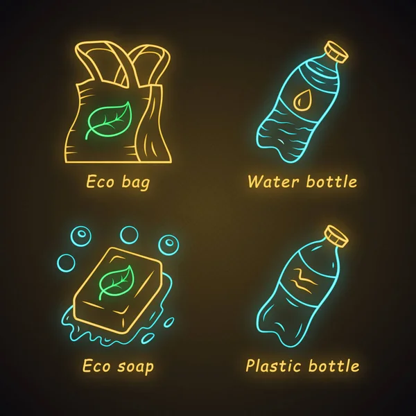 Zero waste swaps handmade neon light icons set — 스톡 벡터