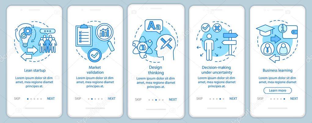 Startup principles onboarding mobile app page screen with linear Royalty Free Stock Illustrations