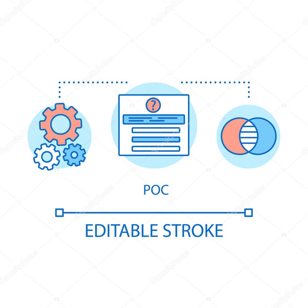 POC concept icon. Proof of concept. Marketing research. Product sales testing. Strategy development. Demand study idea thin line illustration. Vector isolated outline drawing. Editable stroke