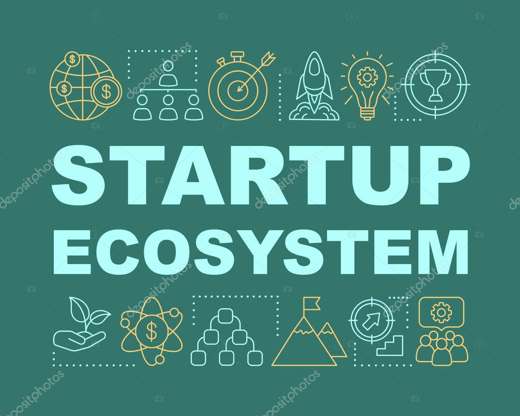 Startup ecosystem word concepts banner. New business support organizations. Grant program. Presentation, website. Isolated lettering typography idea with linear icons. Vector outline illustration