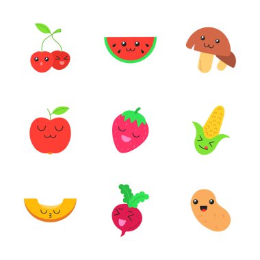 Sebze ve meyve sevimli kawaii düz tasarım uzun gölge charac