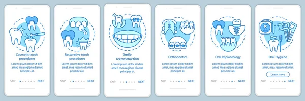 Servizi di cliniche odontoiatriche sullo schermo della pagina delle app mobili con li — Vettoriale Stock