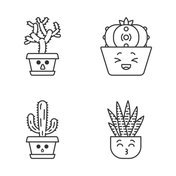 Cactuses cute kawaii linear characters — Stock Vector