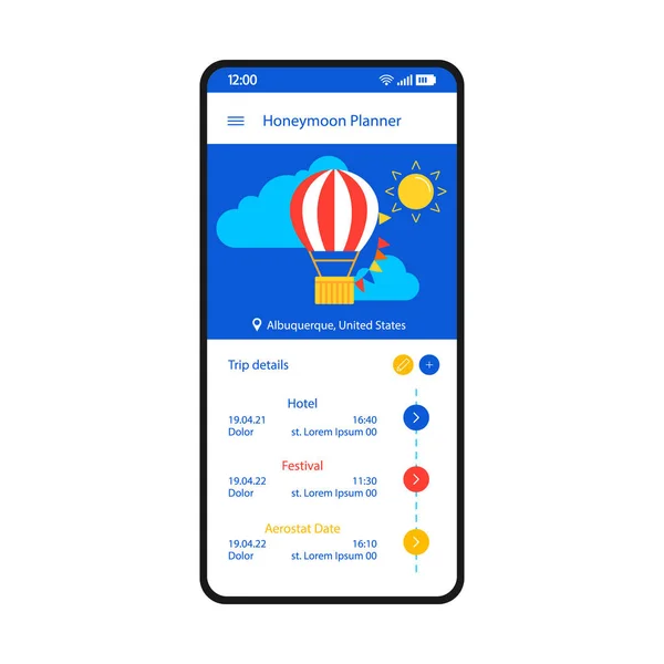 Modèle d'interface smartphone planificateur lune de miel — Image vectorielle
