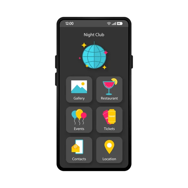 Night club app modelo de vetor de interface de smartphone —  Vetores de Stock