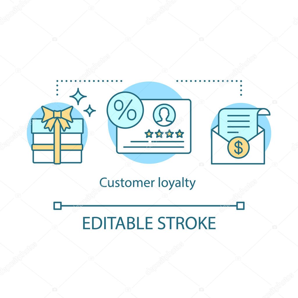 Customer loyalty concept icon. Client satisfaction idea thin line illustration. Favorite brand. Customer service and rewards. Membership. CRM system. Vector isolated outline drawing. Editable stroke