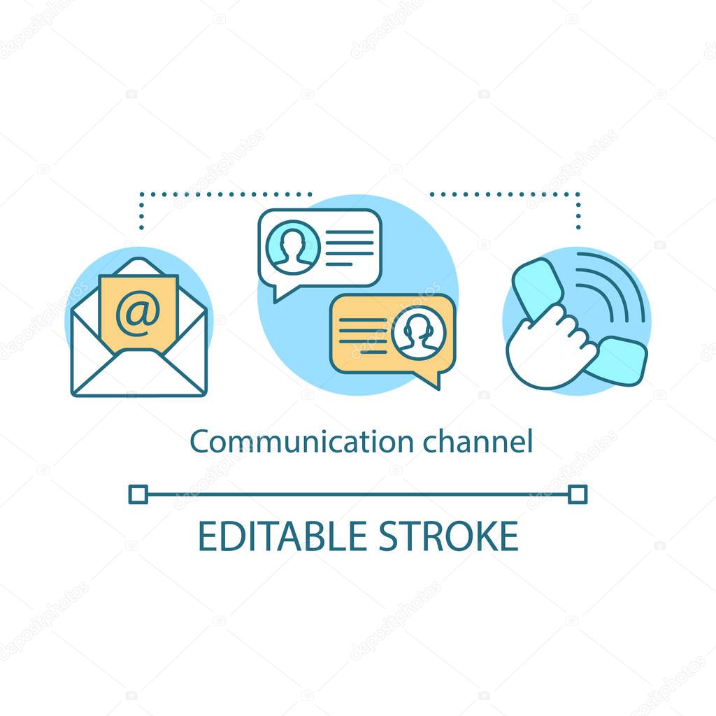 Communication channel concept icon. Customer support, interaction idea thin line illustration. IP telephony. Email newsletter. Messaging. CRM system. Vector isolated outline drawing. Editable stroke