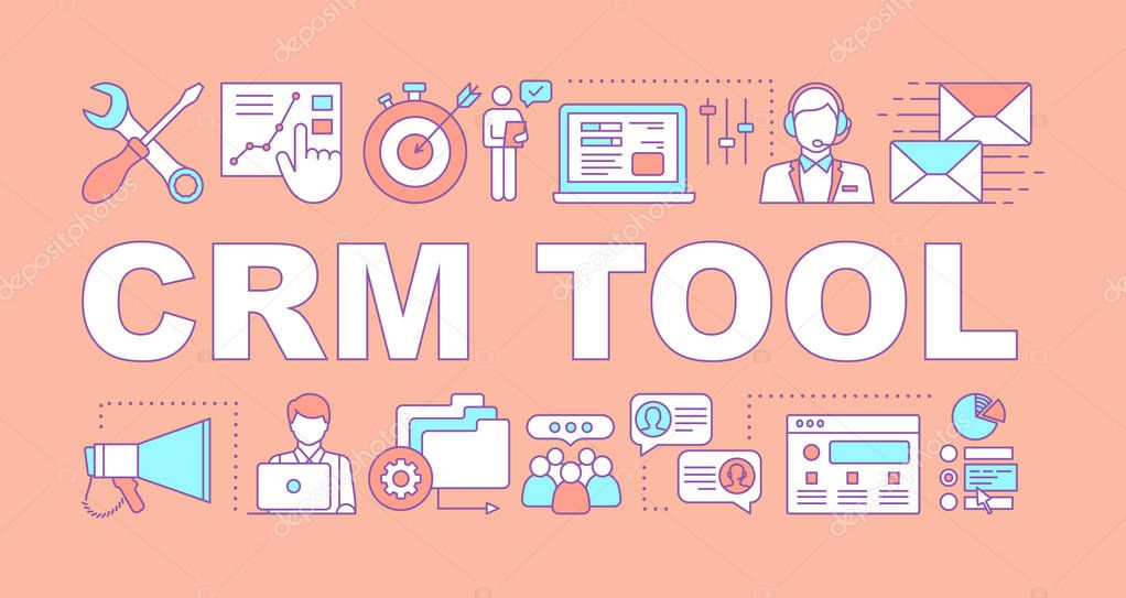 CRM tool word concepts banner. Customer details database. Client identity. Purchase history. Presentation, website. Isolated lettering typography idea with linear icons. Vector outline illustration
