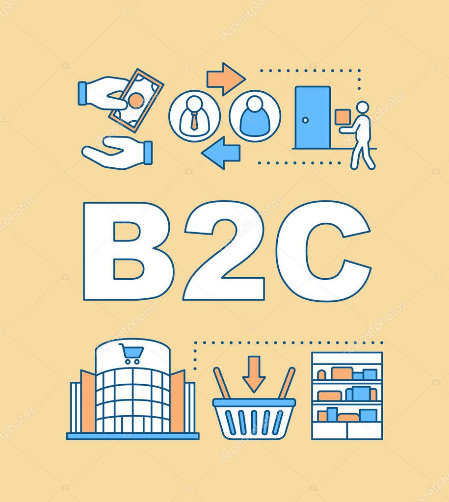 B2C word concepts banner. E commerce with sale for consumer. Sales strategy. Business management. Presentation, website. Isolated lettering typography idea, linear icons. Vector outline illustration