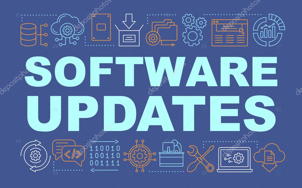 Software updates word concepts banner. Computer programs. Presentation, website. CRM system software programming. Isolated lettering typography idea with linear icons. Vector outline illustration