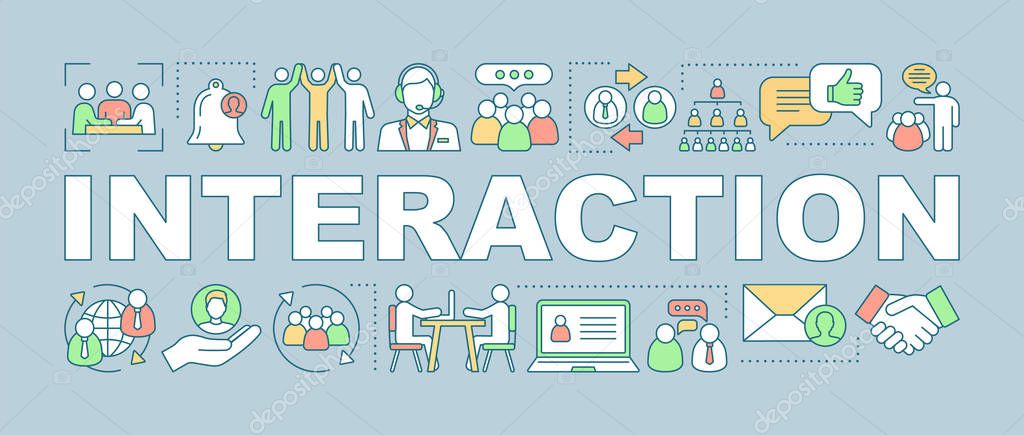Interaction word concepts banner. Communication with customer. Work meetings. Messaging. Presentation, website. Isolated lettering typography idea with linear icons. Vector outline illustration