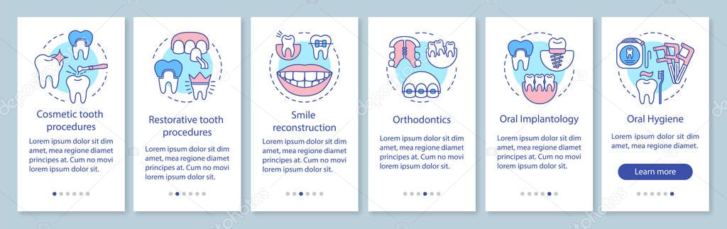 Dental clinic services onboarding mobile app page screen with li